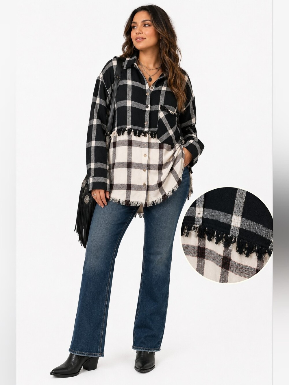 NWT Entro Mixed Plaid Fringe Shacket Large Black Cream Boho Western Cottagecore